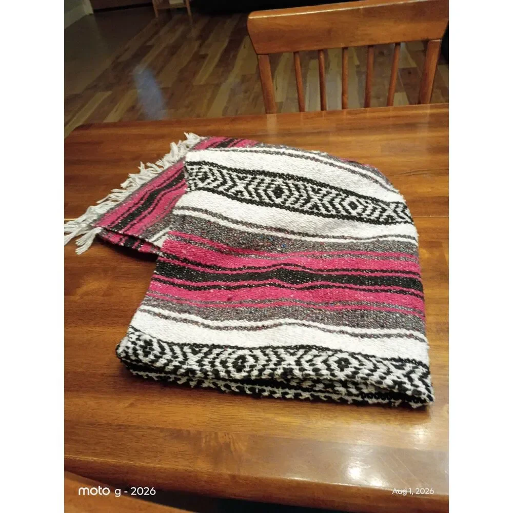 Southwestern Woven Serape Blanket Pink Black White Fringe Boho Camping Blanket